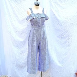 Ladies blue white pinstripe jumpsuit,back zip,ruffle w pompoms,sz 4 sleeveless